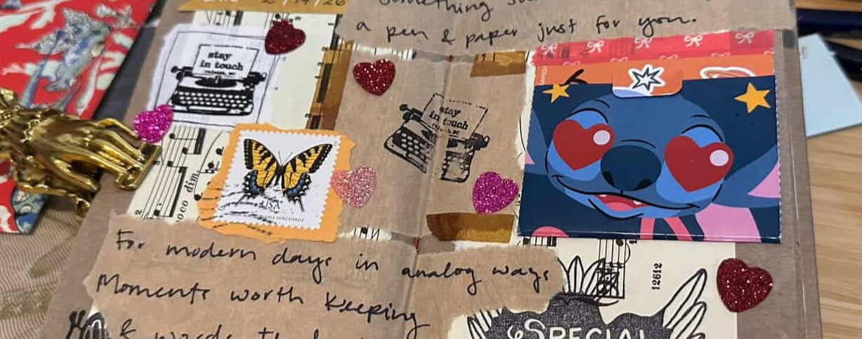 journal page with writing, stamps, ephemera, and junk 