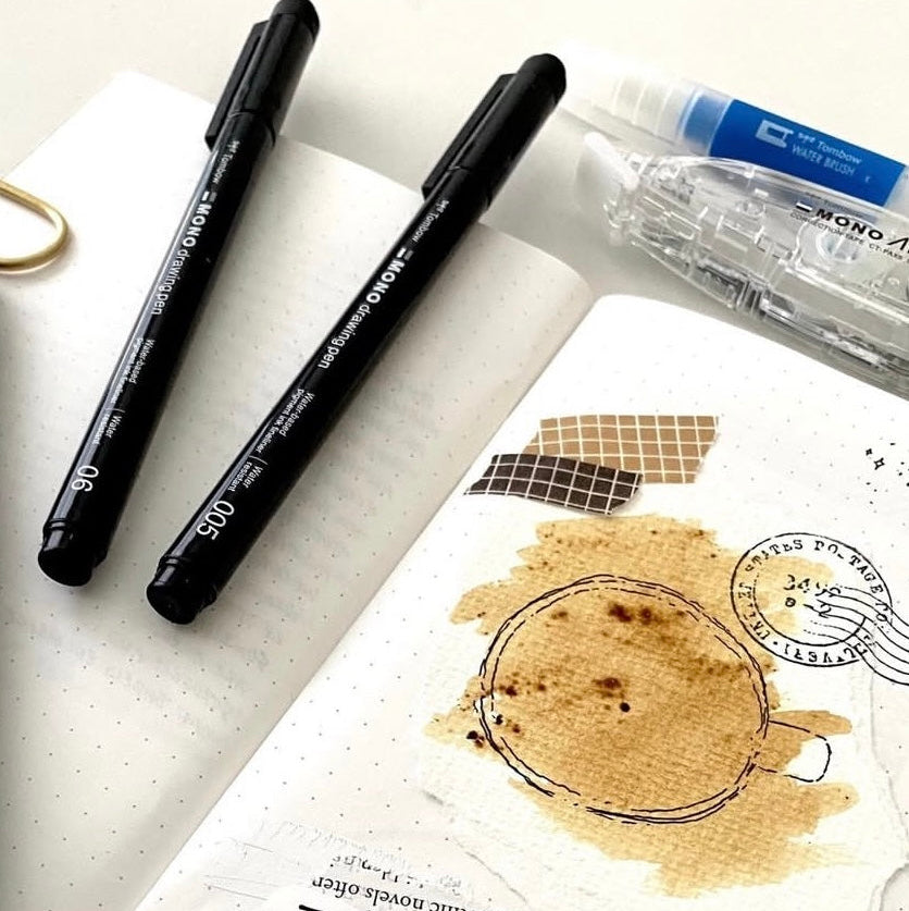 Notebook with handwritten text, a coffee stain, and two black markers on a white surface.