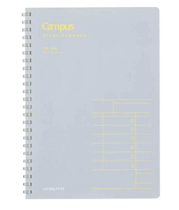 A light gray spiral-bound notebook with yellow text reading 'Campus Study Planner' and a yellow weekly schedule layout on the cover, shown on a plain white background.