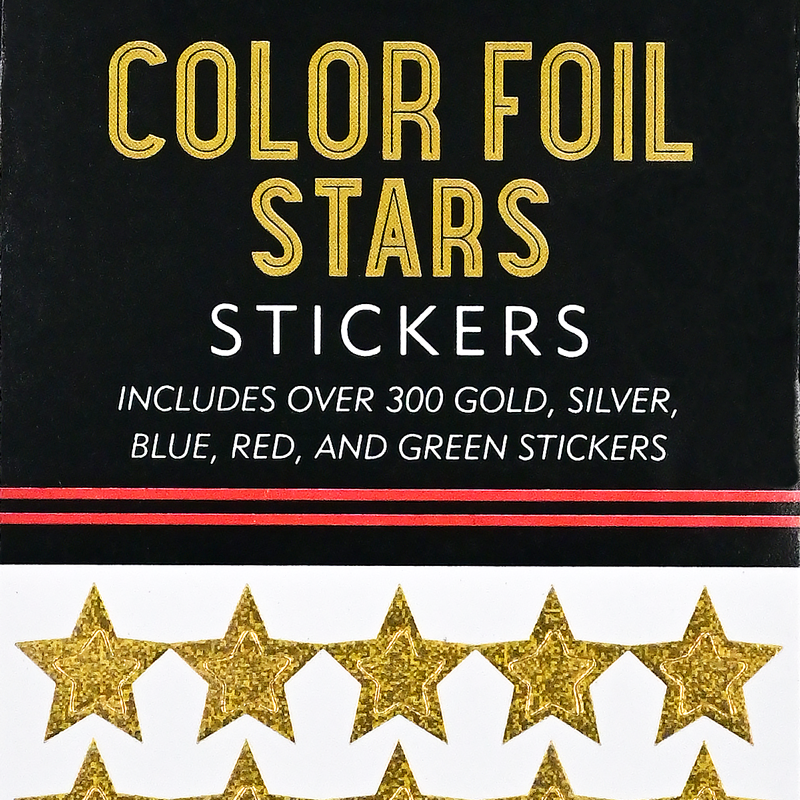 Gold star stickers on a black card with text indicating the product details.